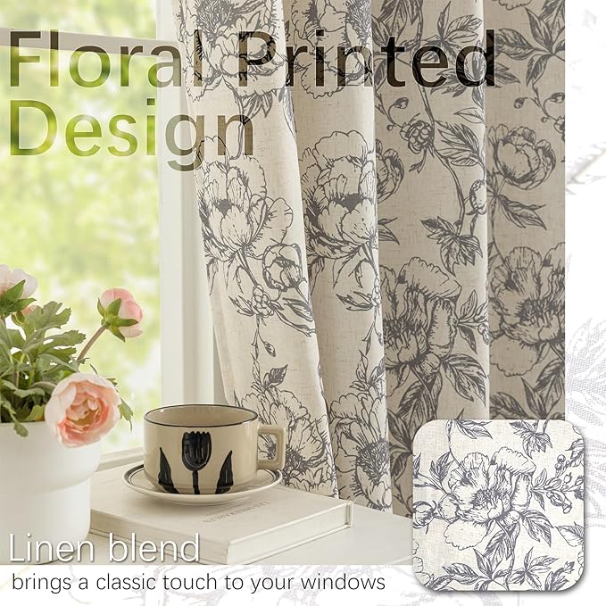 Taupe Floral Curtains for Living Room 108 Inches Long 2 Panels French Country Romantic Peony Patterned Vintage Farmhouse Linen Curtains Grommet Retro Window Treatments,50" W X 108" L
