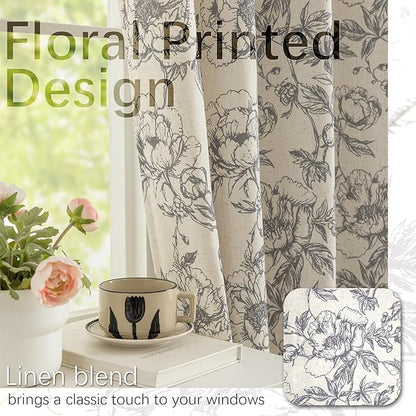 Taupe Floral Curtains for Living Room 108 Inches Long 2 Panels French Country Romantic Peony Patterned Vintage Farmhouse Linen Curtains Grommet Retro Window Treatments,50" W X 108" L