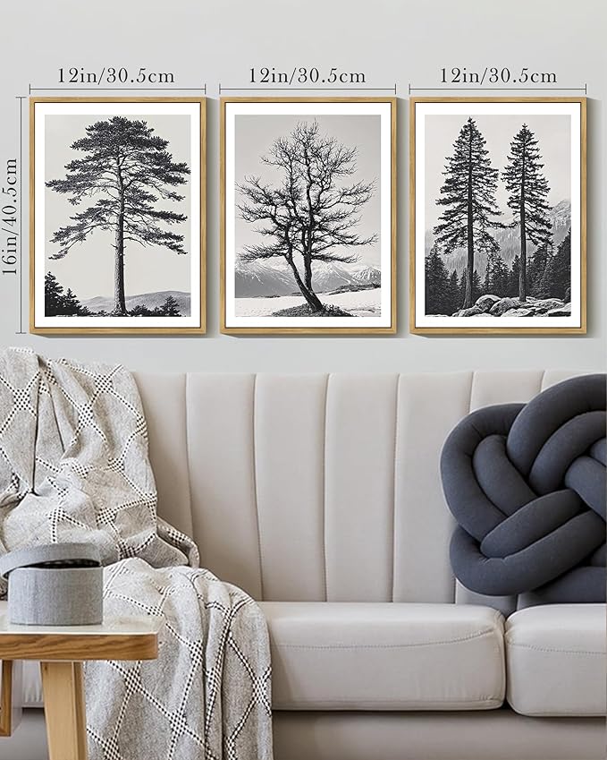 Drsoum Vintage Black Gray Tree Wall Art Framed Antique Retro Forest Prints Modern Rustic Artwork Bedroom Farmhouse Ready to Hang 12x16in Natural Framed