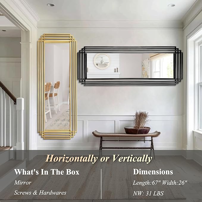 Geometric Full Length Mirror, 67"x26" Large Rectangle Aesthetic Mirror with Metal Frame, Art Deco Wall Mirrors for Living Room Entryway Hallway Cloakroom, Horizontal or Vertical Hanging