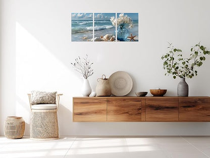 TutuBeer Beach Bathroom Canvas Wall Art Starfish with White Flower Coastal Pictures Wall Art Canvas Seascape Poster Seaside Seashell Painting Print Artwork for Living Room Bedroom 12"x16"x3 Pcs