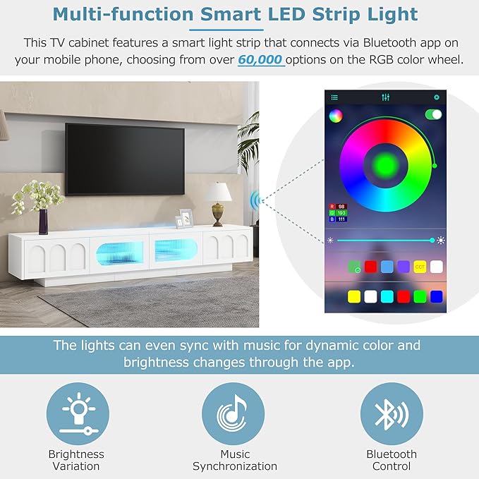 Merax TV Stand for Televisions Up to 95'', Functional Media Console with APP-Controlled Smart LED Light, Arched Cabinet Doors and Fluted Glass Doors, Entertainment Center, for Living Room, White
