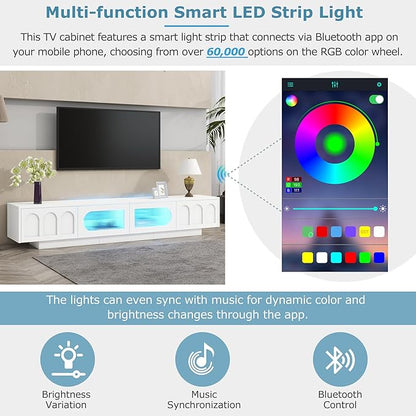 Merax TV Stand for Televisions Up to 95'', Functional Media Console with APP-Controlled Smart LED Light, Arched Cabinet Doors and Fluted Glass Doors, Entertainment Center, for Living Room, White