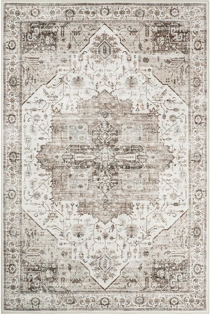 9x12 Area Rugs for Living Room, Machine Washable Non Slip Vintage Rug, Non-Slip Stain Resistant, Large Soft Home Decor Rug for Bedroom Dining Room (Brown, 9'x12')