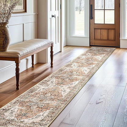 BESTSWEETIE 2x10 Area Rug Washable Rugs for Living Room, No Pile Boho Carpet for Entryway Bedroom Dinning Room, Vintage Carpet Print Distressed Non-Slip, 2 x 10 ft, Orange Pink Brown Earth Tones