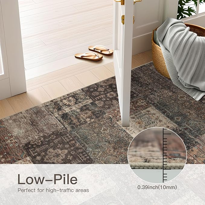 Vintage Washable Area Rug for Living Room,Low Pile 9x12 Non Slip Carpet Non-Shedding Area Rug Soft Indoor Stain Resistant Rug Floral Print Mat for Bedroom Dining Room 084-Brown