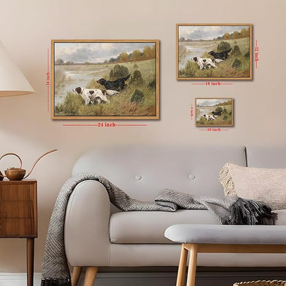 Floating Framed Vintage Hunting Dog Wall Art, Classic Countryside Landscape Canvas Print, English Setter and Gordon Setter Painting, Rustic Farmhouse Wall Decor for Living Room Study Office 8X10 inch