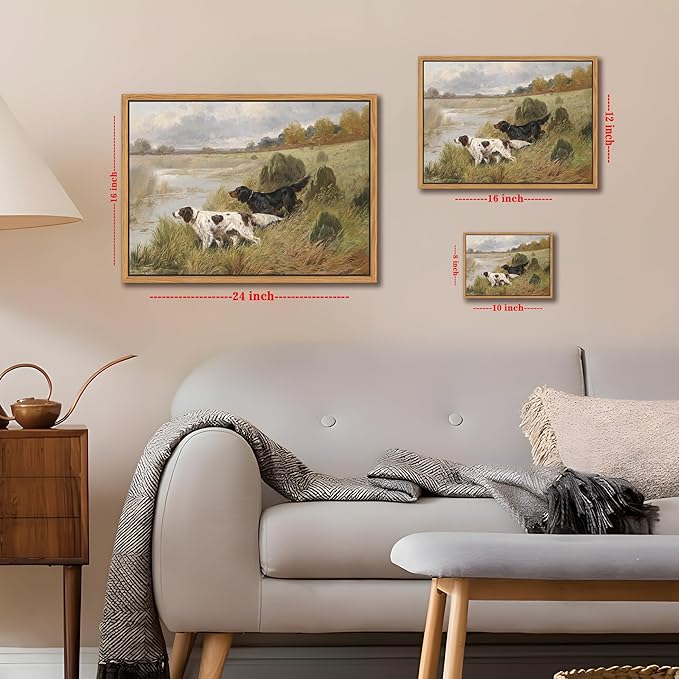 Floating Framed Vintage Hunting Dog Wall Art, Classic Countryside Landscape Canvas Print, English Setter and Gordon Setter Painting, Rustic Farmhouse Wall Decor for Living Room Study Office 16x24 inch