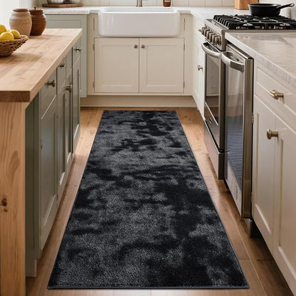 FinRèc 2x6 Washable Runner Rugs for Kitchen Hallway Bedroom, Low Pile Thin Ultra Soft Shag Rug, Non-Slip Carpet Indoor for Home Decor (Tie-dye Dark Grey)