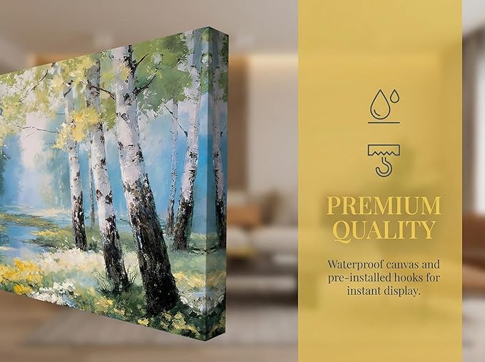 Ardemy Birch Forest Stream Canvas Wall Art, 40"x20" Hand-Painted Texture Landscape Painting with Wildflowers, Calming Nature Scenery for Living Room Bedroom Bathroom Home Office Decor