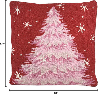 Hand Hooked Christmas Pillow - 18X18 inches Throw Pillow for Couch or Dorm (Pink Tree)