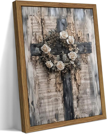 Wood Framed Vintage Cross Christian Wall Art, White Rose Wreath Canvas Paintings Prints Posters Wall Decor, Retro Religious Music Score Church Decor Suitable for Study Prayer Room 16x24 inch