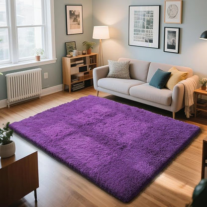Purple Fluffy Rug Shag Area Rug, 4x6 Area Rugs for Girls Bedroom, Soft Cute Baby Play Mat, Indoor Floor Carpet for Teen, Nursery, Preppy Dorm, Plush Aesthetic Bedside Rug