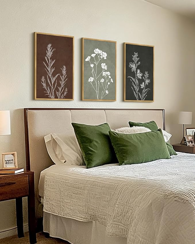Drsoum Vintage Botanical Flower Boho Framed Wall Art Retro Floral Prints Wildflower Bohemain Neutral Rustic Artwork Kitchen Bedroom Ready to Hang 16x24in Natural Framed