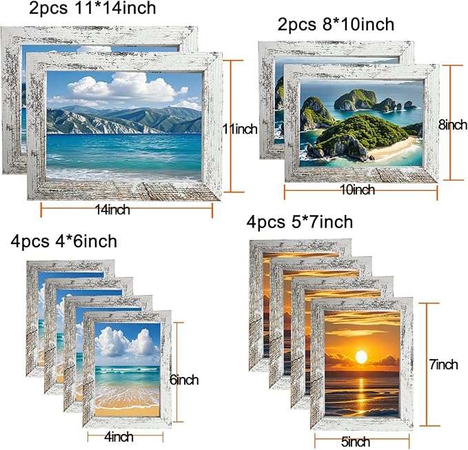 xnlkros 12 pack assorted gallery wall picture frame,rustic farmhouse wood picture frames multiple sizes including 4x6, 5x7, 8x10, 11x14, Ideal for living room hanging or tabletop display,Rustic White