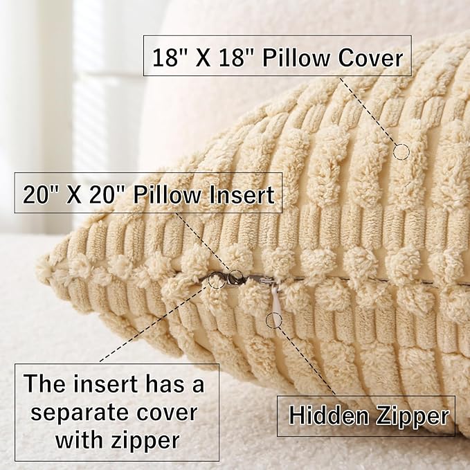 2 Pack Corduroy Decorative Throw Pillow with Inserts, 18x18 Inch Soft Boho Throw Pillow, Square Striped Throw Pillows for Couch, Bed, Sofa Decor (Creamy Beige)