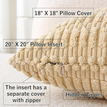 2 Pack Corduroy Decorative Throw Pillow with Inserts, 18x18 Inch Soft Boho Throw Pillow, Square Striped Throw Pillows for Couch, Bed, Sofa Decor (Creamy Beige)