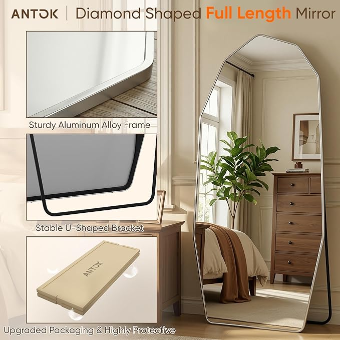 Antok Full Length Mirror, 71"x32" Floor Mirror, Free Standing Wall Mounted or Leaning Full Body Mirror with Aluminum Alloy Frame, Diamond Irregular for Bedroom Entryway Cloakroom, Silver