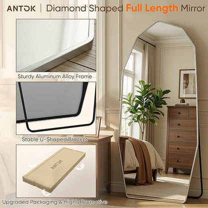 Antok Full Length Mirror, 76"x34" Floor Mirror, Free Standing Wall Mounted or Leaning Full Body Mirror with Aluminum Alloy Frame, Diamond Irregular for Bedroom Entryway Cloakroom, Silver