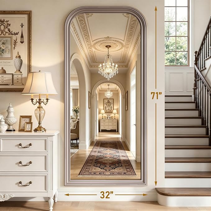 Full Length Mirror with Stand, 71"x32" Full Body Mirror, Floor Length Mirrors Wall Mounted with Rounded Top, Large Standing Mirrors, PU Frame, for Bedroom Living Room Cloakroom, Antique Sliver