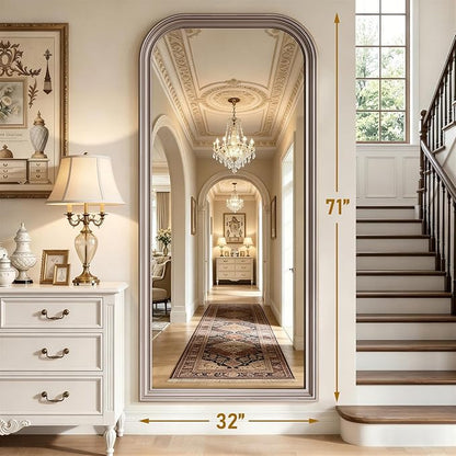 Full Length Mirror with Stand, 71"x32" Full Body Mirror, Floor Length Mirrors Wall Mounted with Rounded Top, Large Standing Mirrors, PU Frame, for Bedroom Living Room Cloakroom, Antique Sliver
