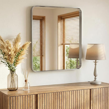 NEWBULIG 36X40 Inch Bathroom Mirror for Over Sink, Wall Vanity Mirrors Tempered Glass, Anti-Rust Metal Framed Rounded Rectangle, Hangs Horizontally or Vertically, Farmhouse Home Decor, Silvery