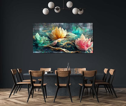 GUGIKA Lotus Flower Wall Art for Living Room, Floral Canvas Wall Decor for Bedroom, Teal Vintage Print Painting, Colorful Artwork for Home, Aesthetic Picture Decoration, Size 40x20