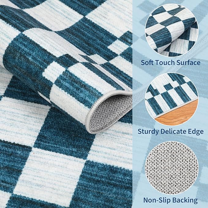 GarveeHome Blue and White Checkered Rug 6×9 Area Rugs for Living Room,Non-Slip Washable Rug Soft Low-Pile, Modern Farmhouse Geometric Rugs for Bedroom Dining Room