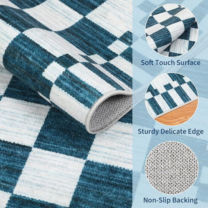 GarveeHome 8×10 Area Rugs for Living Room,Blue and White Checkered Rug, Non-Slip Washable Rugs 8x10,Soft Low-Pile Farmhouse Geometric Modern Rugs for Bedroom Dining Room