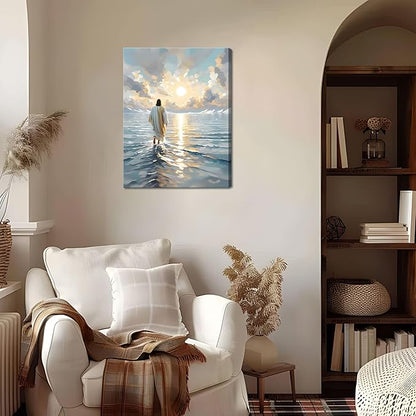Jesus Canvas Wall Art, Christian Wall Decor of Jesus Walking on Water, Inspirational God Picture for Living Room, Prayer Room or Church, Catholic Religious Artwork – 12"x16" Framed