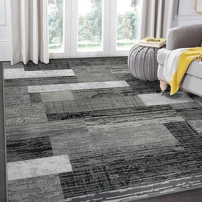 FlyDOIT Modern Geometric Patchwork Area Rug, 4x6 Grey Large Rugs for Living Room, Rockwood Collection Indoor Rugs for Bedroom, Throw Carpet Floor Decor for Entryway Dining Room Office Nursery