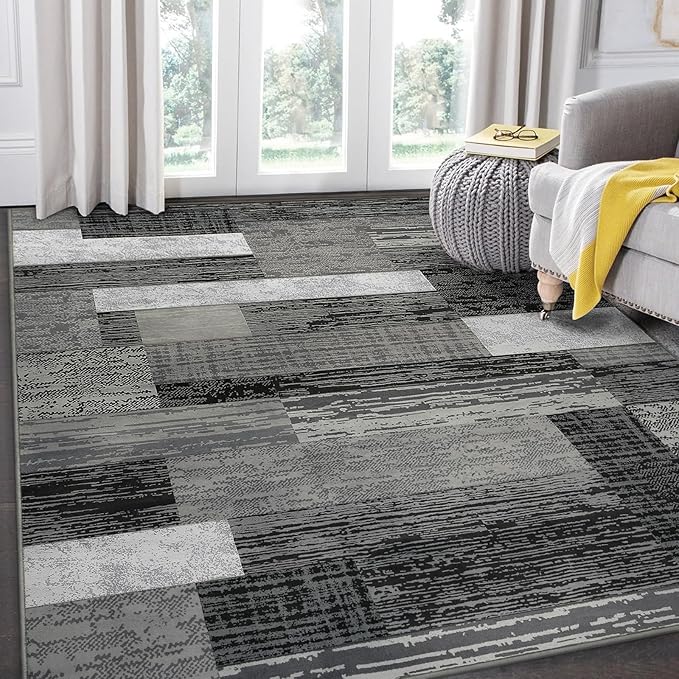 FlyDOIT Modern Geometric Patchwork Area Rug, 6x9 Grey Large Rugs for Living Room, Rockwood Collection Indoor Rugs for Bedroom, Throw Carpet Floor Decor for Entryway Dining Room Office Nursery