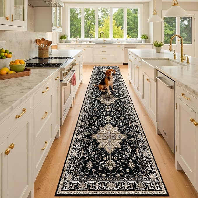 RELEANY Area Rugs 2'x10' Runner Rug Non Slip Washable for Kitchen Hallway Bedroom Beside Laundry Room Bathroom Rug, Floor Carpet, Black Brown Neutral Dark Tan