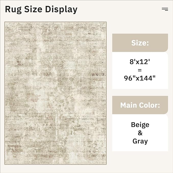 Soalmost Washable Area Rug 8x12, Large Soft Rugs for Living Room Vintage Beige Gray Carpet 8x12 Area Rugs for Bedroom Dining Room Non-Slip Stain Resistant Under Table Rug