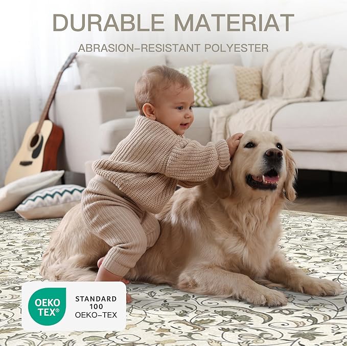 3×5 Washable Large Area Rugs for Living Room, Floral Soft Rug Non Slip Stain Resistant Carpet for Bedroom Dining Room Kitchen Farmhouse Home Decor，Beige Multi 061