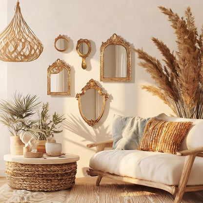 5 Pcs Vintage Gold Mirror Luxury Set Small Gold Mirrors Vintage Gallery Wall Mirror Hanging Antique Art Decor for Wall Living Room Entryway Assorted Sizes(Classic Style,13in/8in/7in/4in)