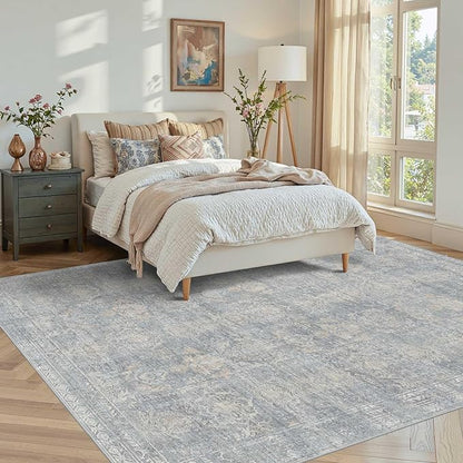 Rugxara 5x7 Area Rugs for Living Room Bedroom, Washable Blue Rug, Vintage Floral Retro Boho Non Slip & Low Pile Carpet for Indoor Dining Room, Dorm, Nursery Room and Kids Room(Blue/Beige 5x7ft)