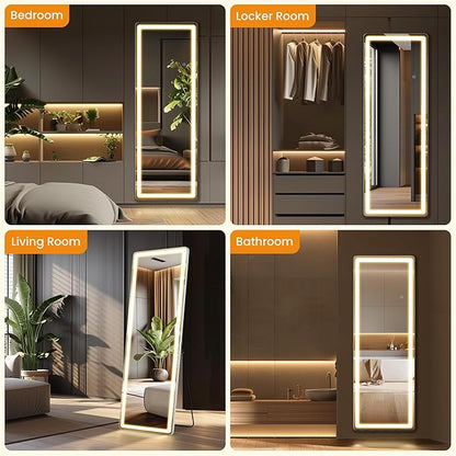 Full Length Mirror with Stand 21"×64", Upgraded Full Body Mirrors with LED Light 3 Color Lighting, Floor Standing, Hanging or Leaning Modern Simple Home Wall Decor, White