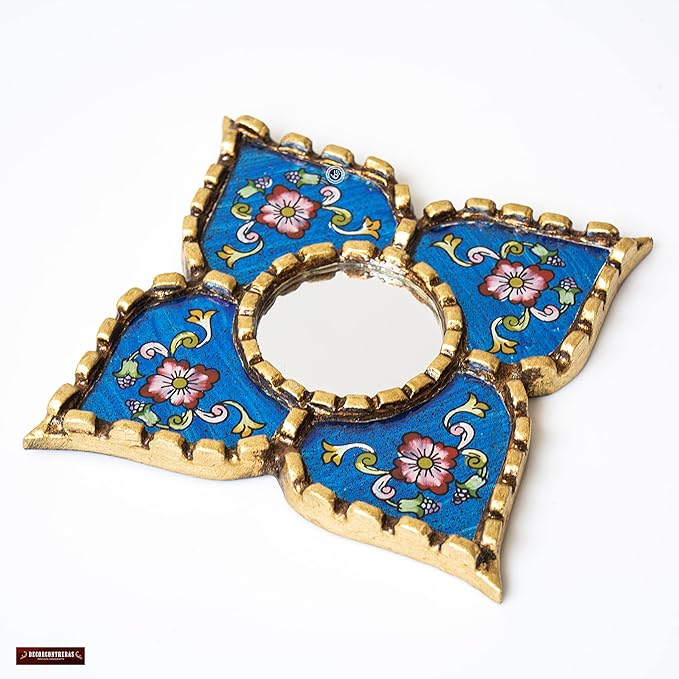 Peruvian Painted Glass Mirror with Bronze Leaf Framed - Handmade Diamond Mirror 6in for Gallery wall (Blue)
