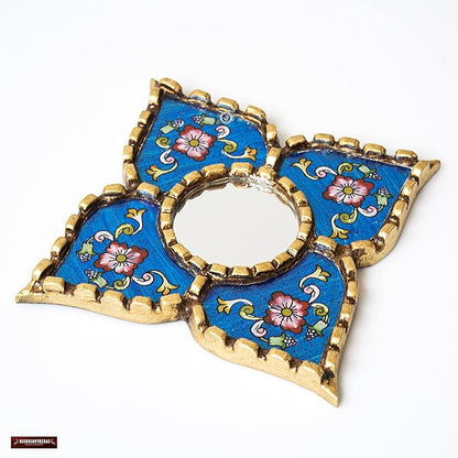Peruvian Painted Glass Mirror with Bronze Leaf Framed - Handmade Diamond Mirror 6in for Gallery wall (Blue)