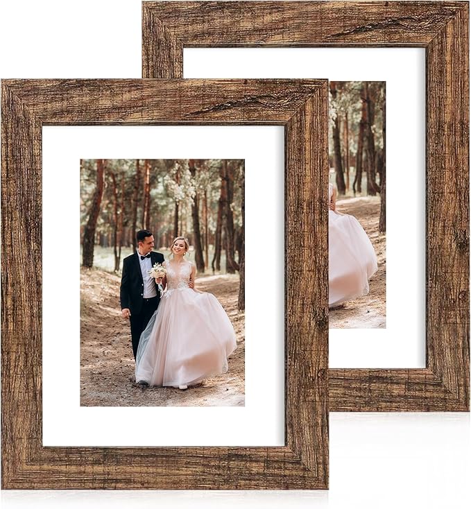 iRahmen 6x8 Picture Frame with Mat 4x6 - High Definition Real Glass Wooden Photo Frames for Tabletop Display and Wall Mounting (Brown, Set of 2)
