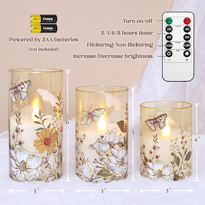 MELTONE Flameless LED Candles Botanical Butterfly Design with Remote Control & Timer Function & Dimmable, Battery Operated Glass Candles for Home Party Wedding Christmas Spring Decor, Set of 3