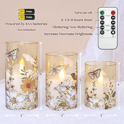 MELTONE Flameless LED Candles Botanical Butterfly Design with Remote Control & Timer Function & Dimmable, Battery Operated Glass Candles for Home Party Wedding Christmas Spring Decor, Set of 3