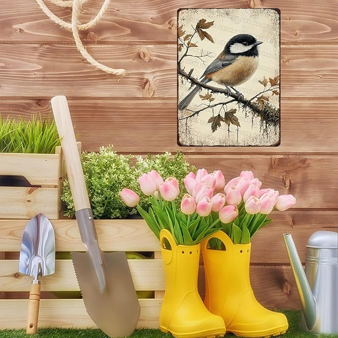 Chickadee Bird Metal Tin Sign Rustic Wall Decor Vintage Wildlife Art Nature Theme Cottagecore Home Decor Quote 12x16inch