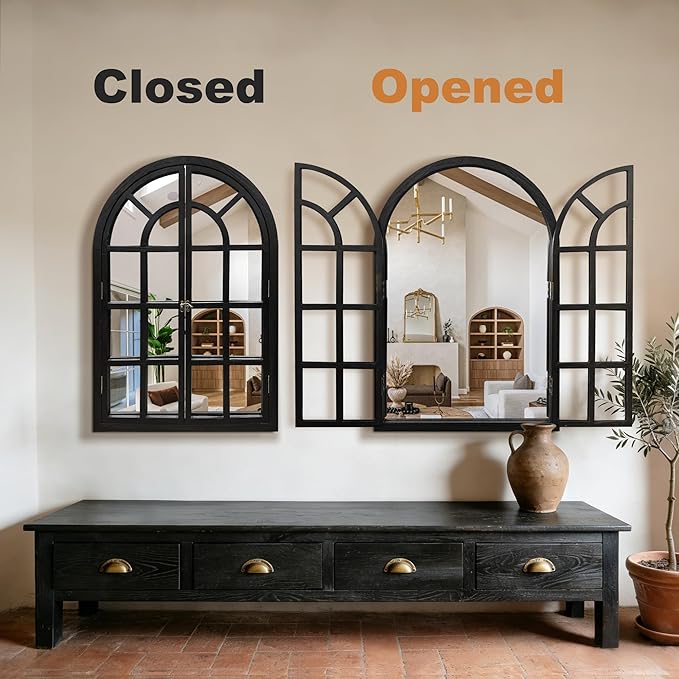 TRAHOME Arched Windowpane Mirror, 24"x36" Black Wood Frame Rustic Farmhouse Wall Mirror, Vintage Decorative Window Mirror for Living Room, Entryway, Bathroom
