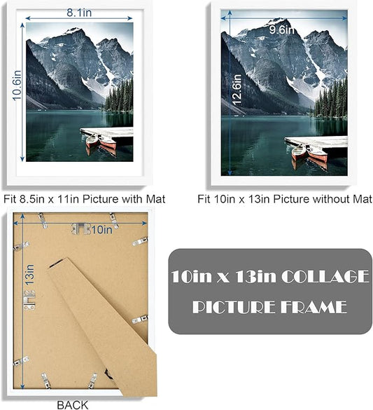 Hongkee 10x13 Picture Frames with Real Glass - Display 8.5x11 Diploma with Mat or 10 x 13 Photo without Mat, Wall or Table Top Display(White, 3 Pack)