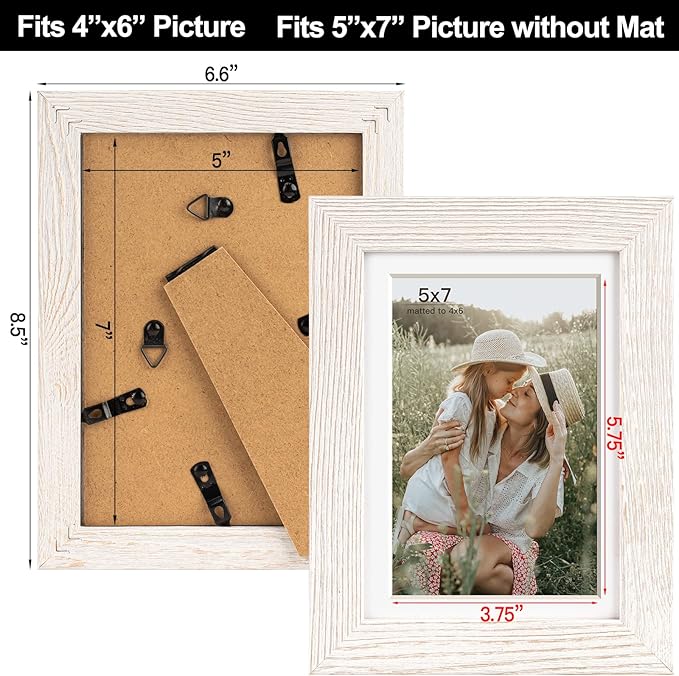 Momentworth 5x7 Picture Frame with Mat for 4x6, Rustic White Wood Grain 5 x 7 Gallery Wall Picture Frames for Tabletop or Wall Mounting(4 Pack, White)