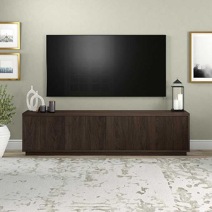 Henn&Hart Fluted TV Stand for TVs up to 85" with 2 Concealed Ribbed Storage Cabinets and Adjustable Shelves for Living Room, Family Room, or Office, Rich Brown