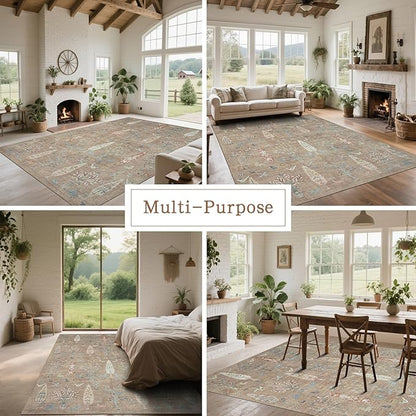 Srugn Washable Rugs 8x10 Area Rugs for Living Room,Bedroom,Dining Room-Large Ultra Soft Faux Wool Retro Carpet,Non Slip&Non-Shedding Low Pile Vintage Print Rug for Home Office Dorm Playroom-Terracotta