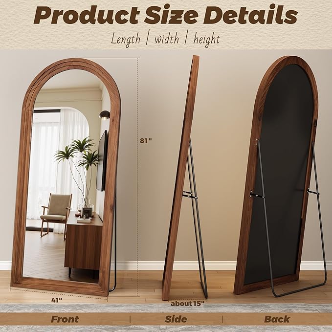 Antok Full Length Mirror with Solid Wood Frame, 81"×41" Wall Mounted Oversized Floor Mirror with Stand, Leaning Standing Hanging for Bedroom Living Room Entryway, Brown, Arched Syle